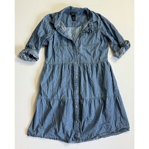 Millenium Denim Tiered Shirt Dress Women's Medium Button Front 100% Cotton